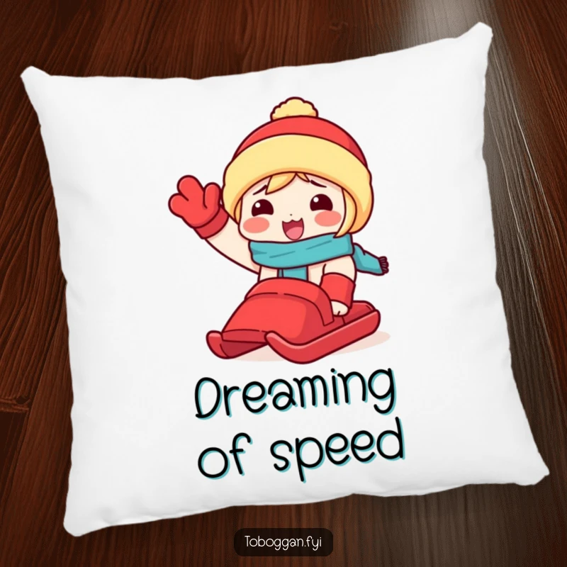 Funny pillow featuring a character excitedly waving a red toboggan, adding cheerful winter vibes and comfort to any space.