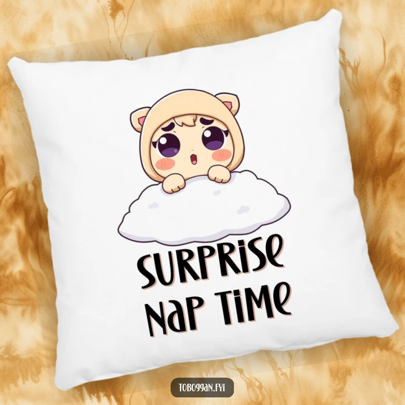 Funny Pillow: A surprised character with raised eyebrows enjoys a soft landing in snow, bringing cozy humor.