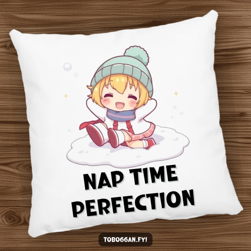 Funny pillow with a cartoon character playfully tumbling head over heels in snow, offering cozy comfort and winter cheer.