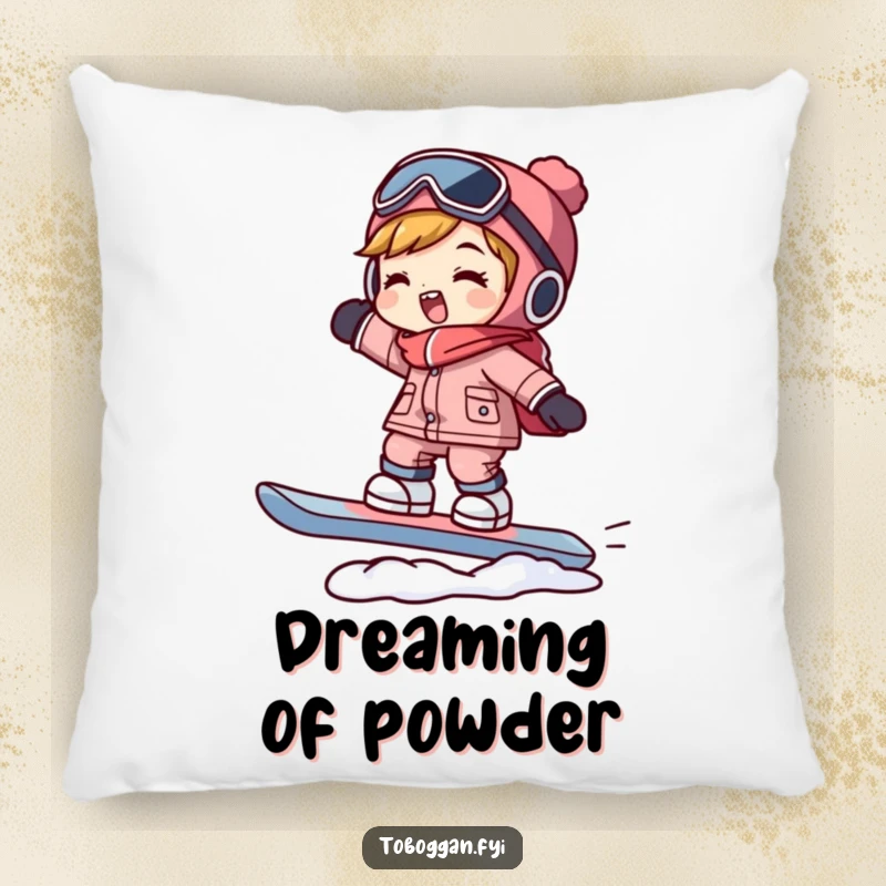 Funny snowboarder pillow featuring a character in a delightful balancing pose on a snowboard, adding humorous comfort to any room.