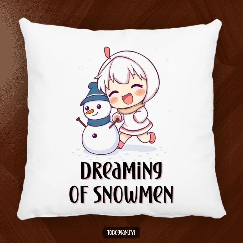 Funny pillow with an enthusiastic character happily pushing a small snowman, perfect for winter decor.