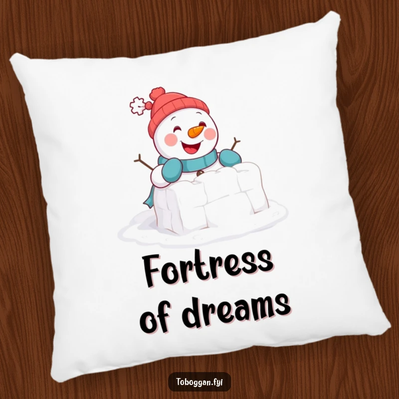 Funny Pillow: A cheerful snowman comically attempts to build a tiny snowball fort, offering comfort and winter humor.