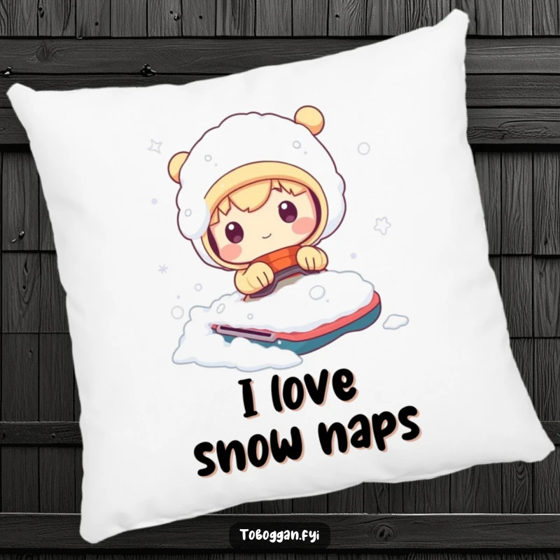 Funny pillow depicting a cute character comically covered in snow after a bumpy ride, ideal for adding humor to any seating area.