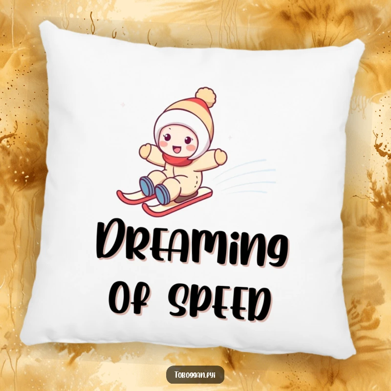 Funny pillow of a cute character joyfully zooming down a snowy hill, offering comfort and a dose of snowy humor.