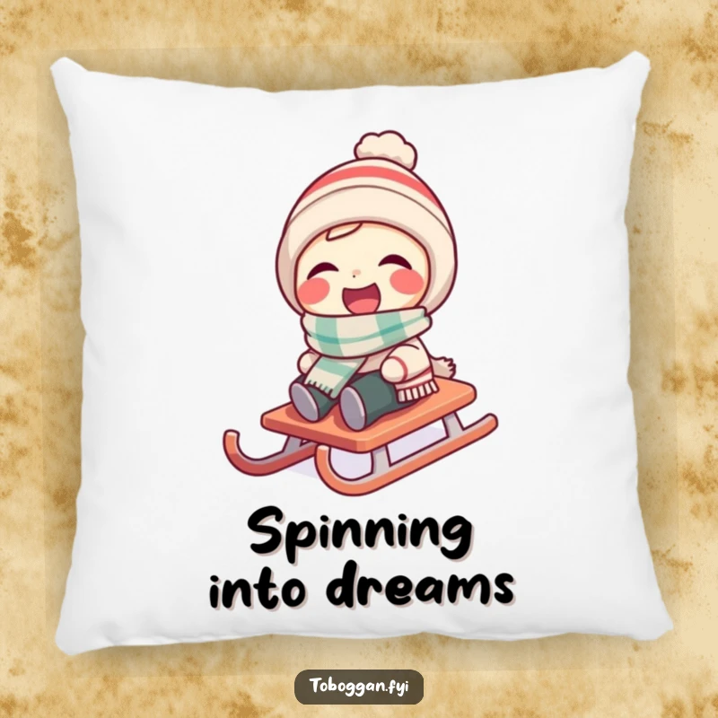 Funny character wearing a tiny scarf laughs as their sled spins on a pillow.