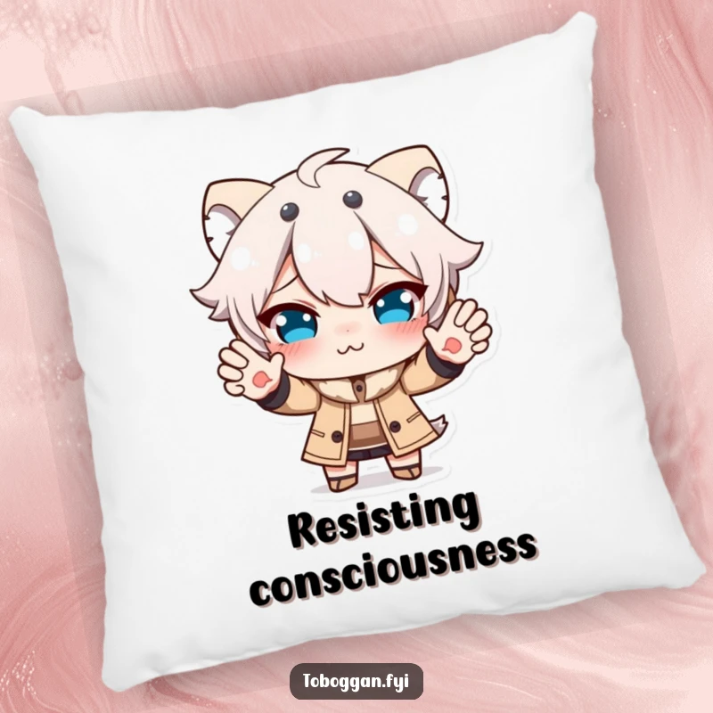 Funny pillow featuring a character making a funny face while trying to stop, offering comfort and a dose of relatable humor.