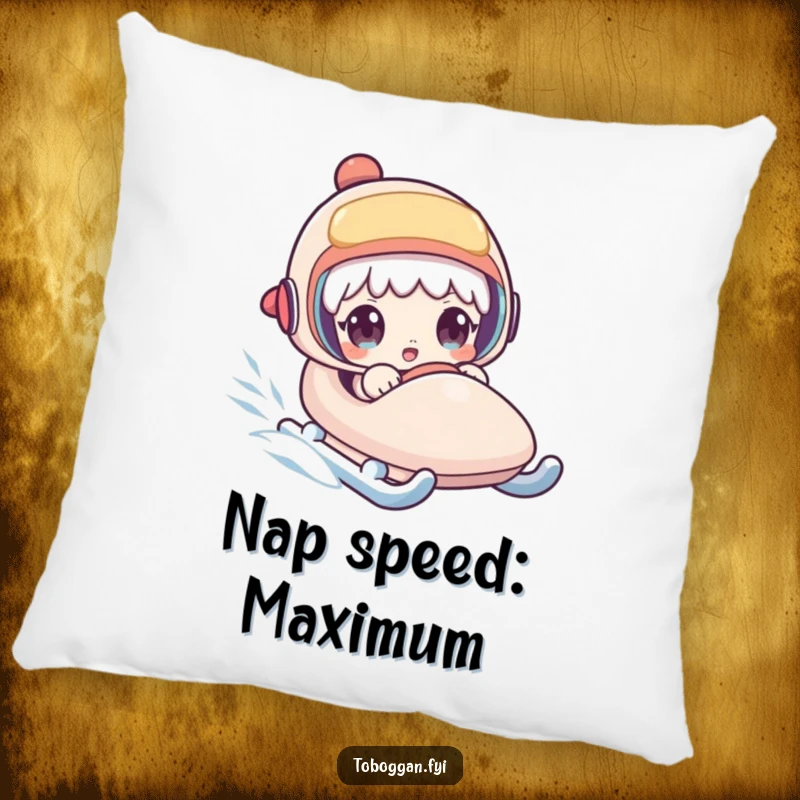 Funny pillow depicting a character's comically startled expression on a fast-moving sled, adding comfort and humor to any room.