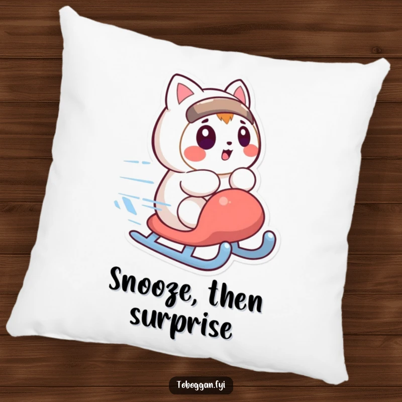 Funny pillow with a character looking surprised as their sled spins quickly, a soft and humorous funny gift.