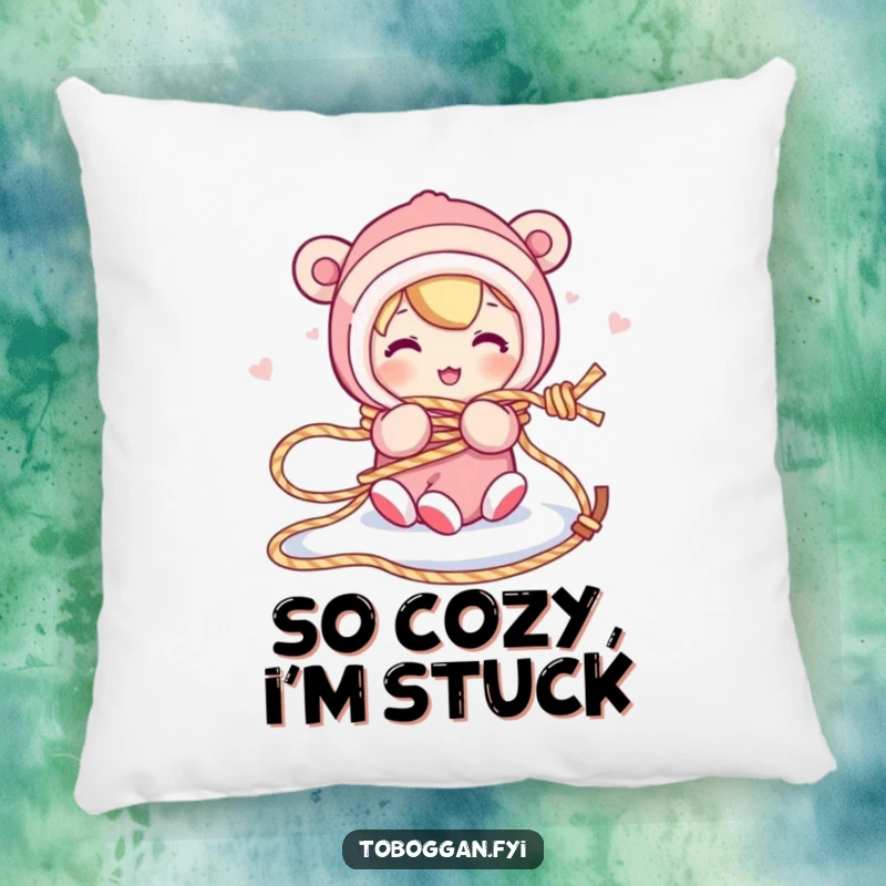 Funny pillow showcases a character comically tangled in a sled rope, bringing humorous winter vibes and cozy comfort to any setting.