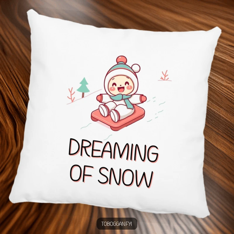 Funny Toboggan Pillow: A cute character gleefully toboggans down a snowy slope, offering snowy comfort and lighthearted humor.