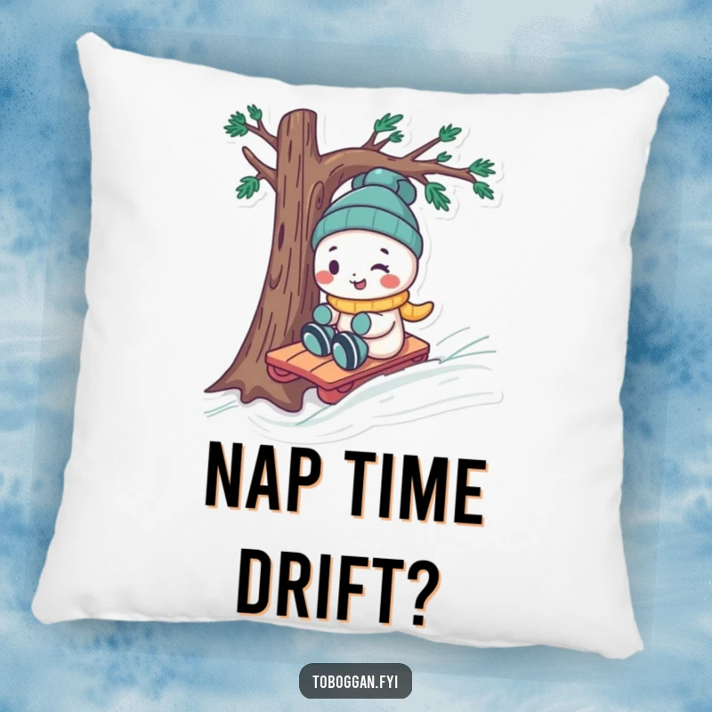 Funny character steering a toboggan around a tree on a soft, decorative pillow, perfect for winter.