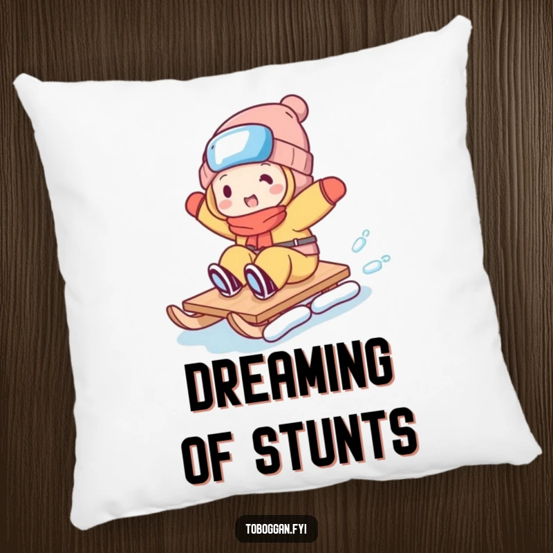 Funny pillow featuring a character mid-toboggan trick, adding a touch of playful chaos and comfort to any seating area.