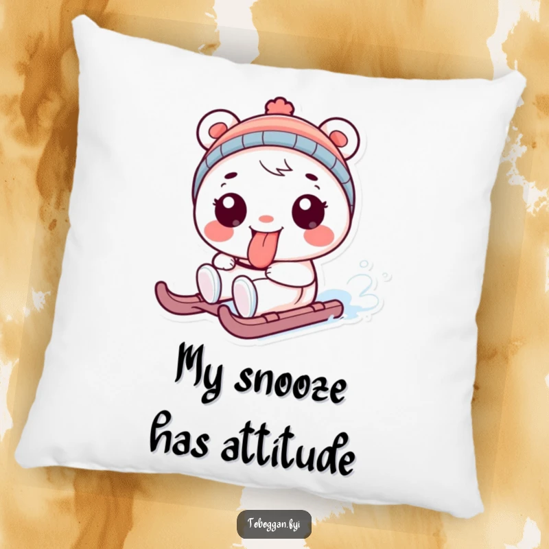 Funny pillow with a playful character sticking its tongue out while sledding, a soft and humorous funny gift.