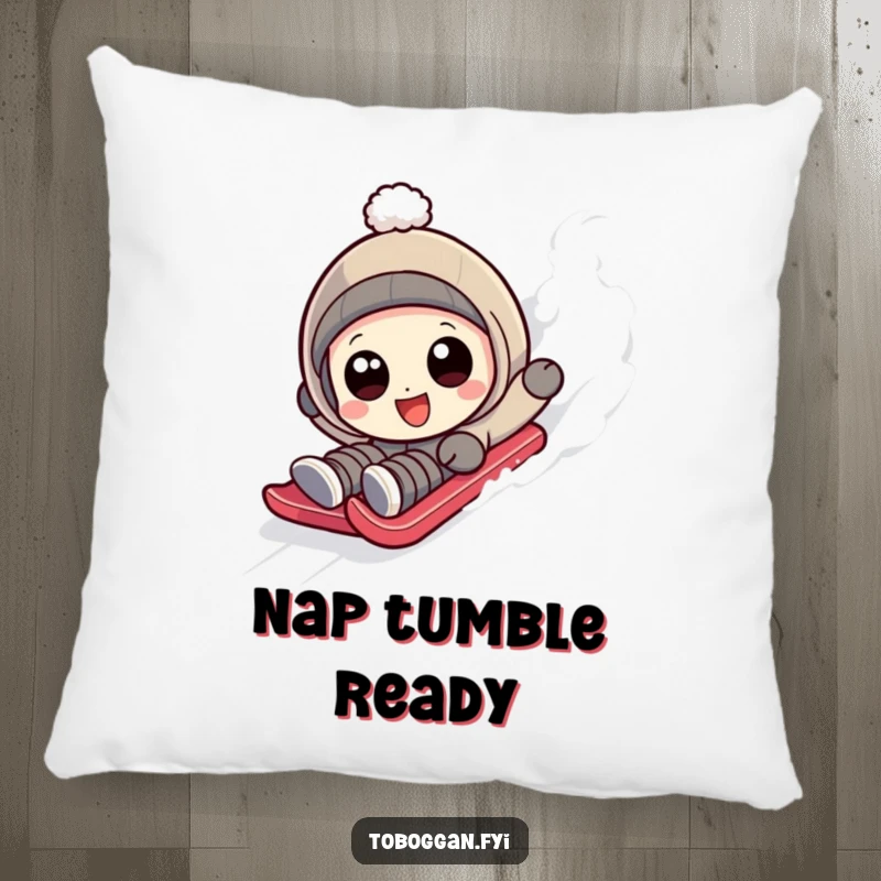 Funny character with wide, happy eyes tumbling down a sledding slope on a pillow.