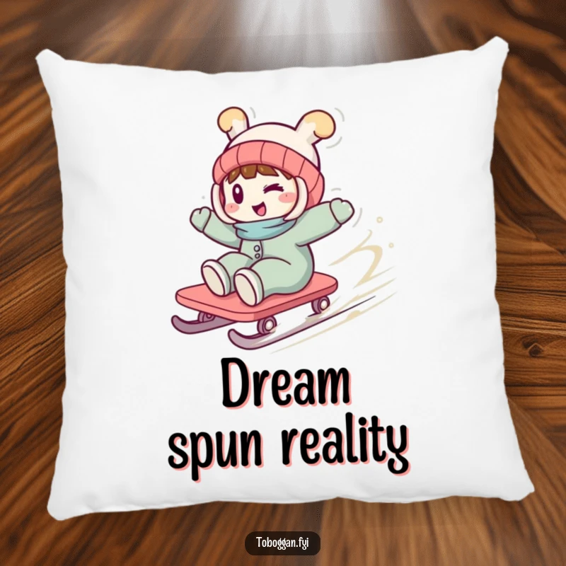 Funny pillow design of a character giving a playful wink while spinning wildly on a toboggan, embodying exhilarating motion and winter fun.
