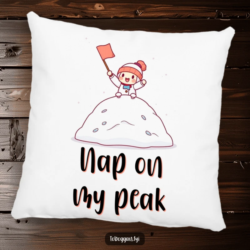 Funny pillow design of a character holding a tiny flag, cheering happily from the top of a snowdrift, symbolizing cheerful victory and warmth.
