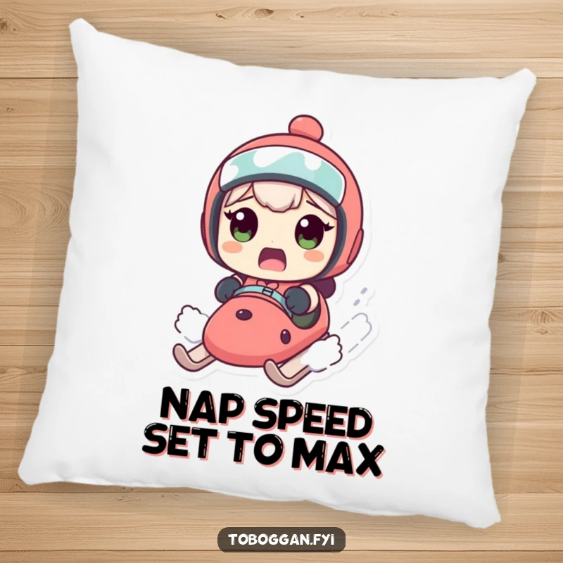 Funny pillow with a character's wide-eyed surprise on a fast sled, providing humorous comfort and decor.
