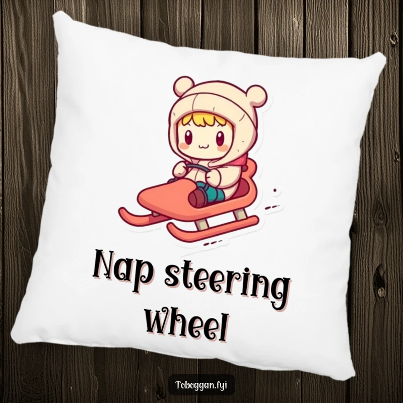 Funny pillow depicting a character comically steering a toboggan with exaggerated motions, offering comfort and humor.