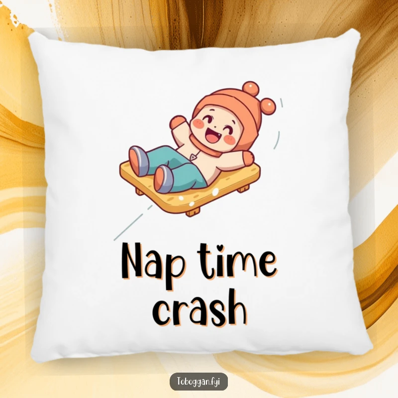 Funny pillow depicting a happy character playfully tumbling off a toboggan, offering comfort and a dose of snowy humor.