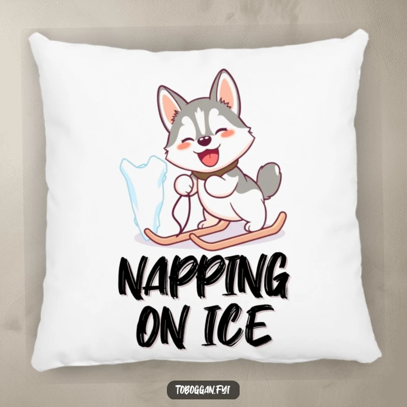 Funny pillow depicting a happy husky comically pulling a giant icicle like a sled, for cozy laughs.