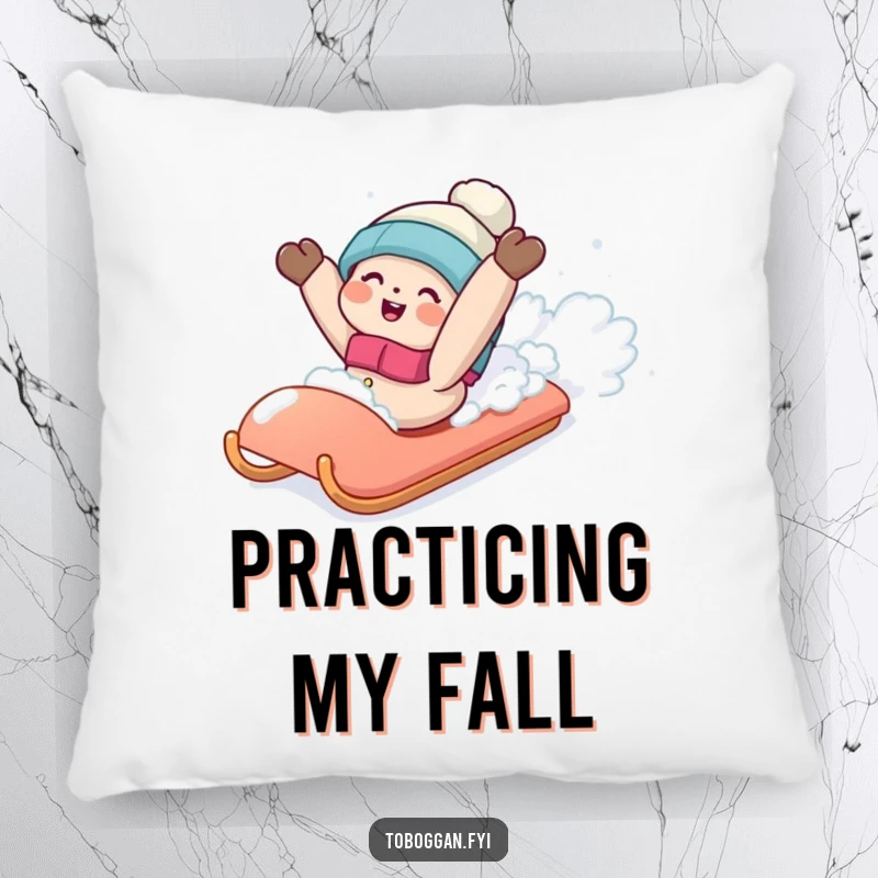 Funny pillow with a character happily falling backwards off a sled into a plush snowdrift, perfect for winter cheer.