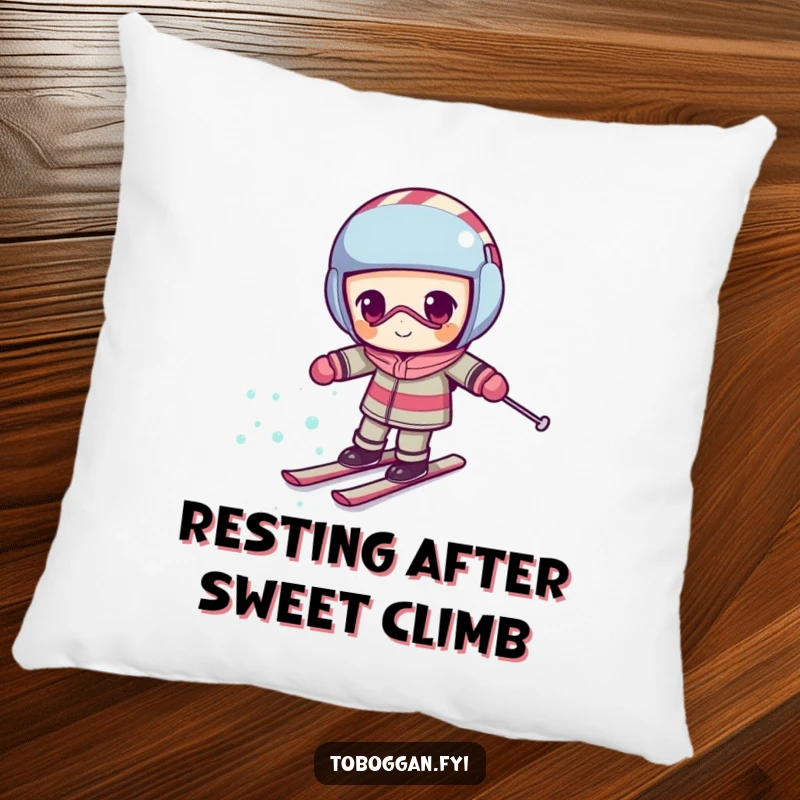 Funny candy cane pillow featuring a determined character comically skiing uphill, adding comfort and humor to any space.