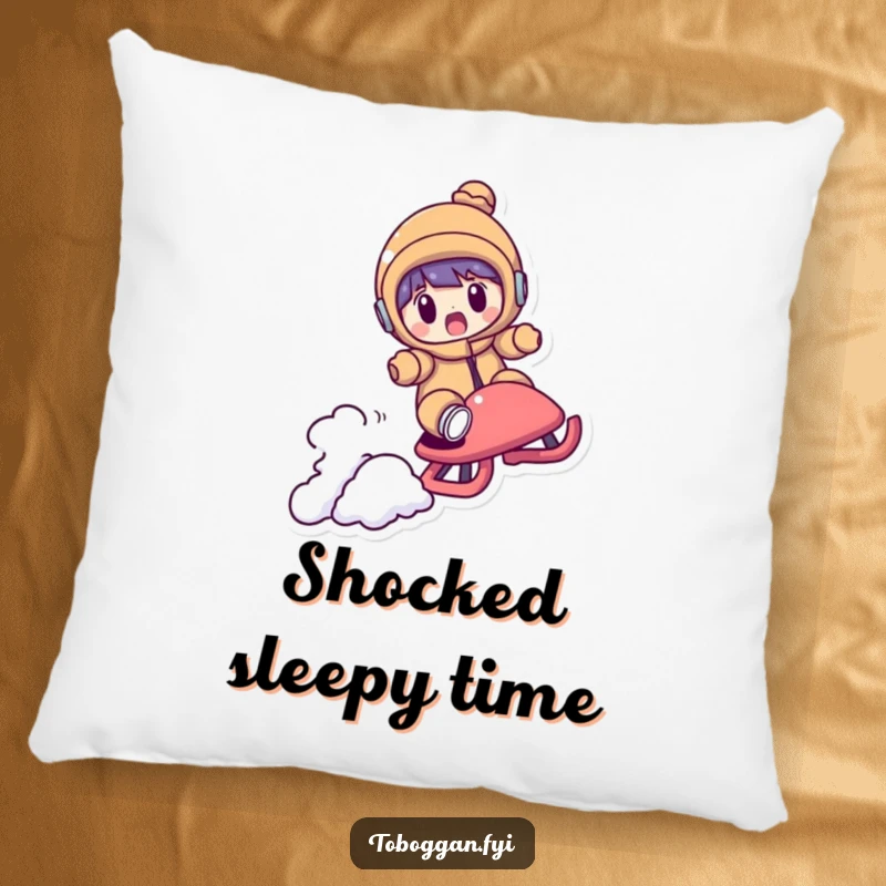 Funny pillow design of a character looking shocked as their sled flies over a small bump, embodying surprise and exhilarating winter fun.