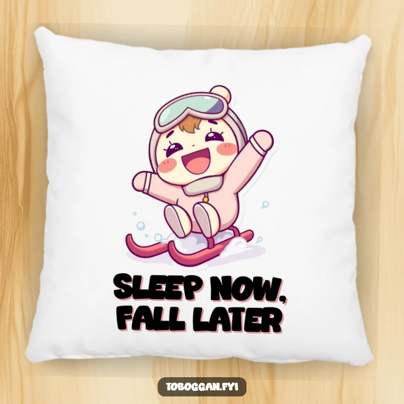 Funny pillow design of a character with a huge grin, hilariously falling backward off a sled, embodying surprise and winter fun.
