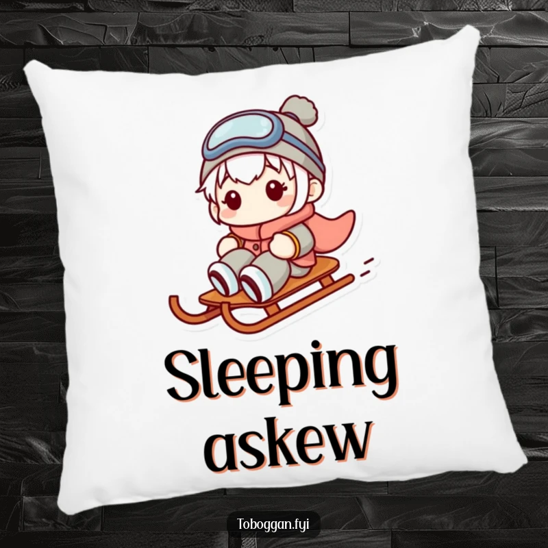 Funny pillow featuring a character sliding sideways on a sled with a comical expression, adding comfort and humor to seating.