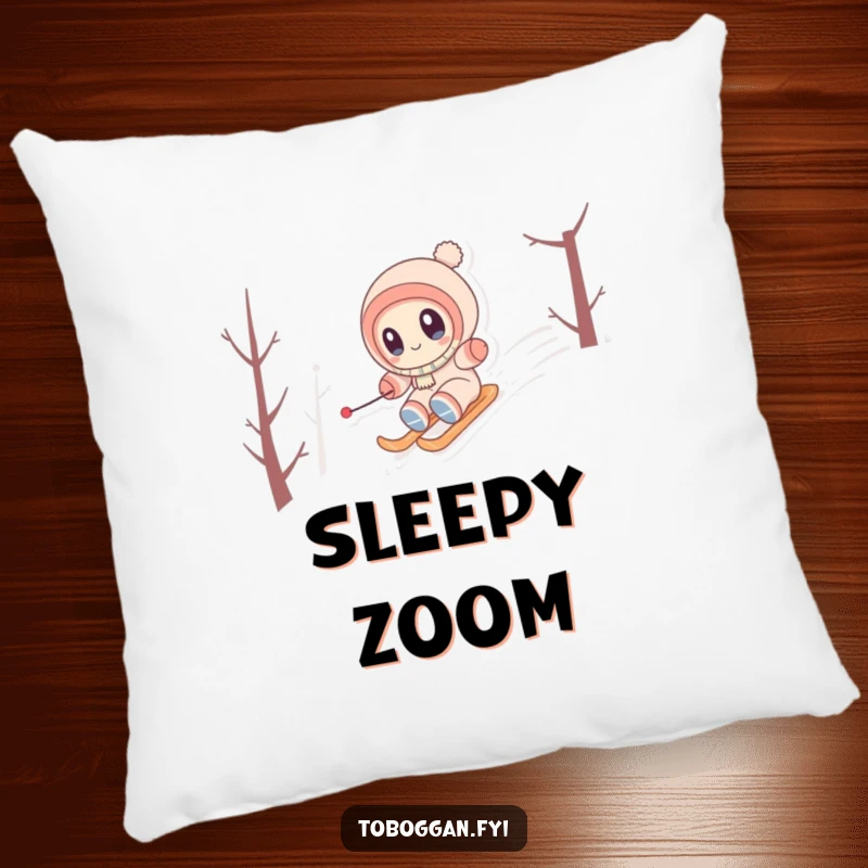 Funny Pillow featuring a cute character with wide eyes, happily zipping down a snowy hill, perfect for winter naps.