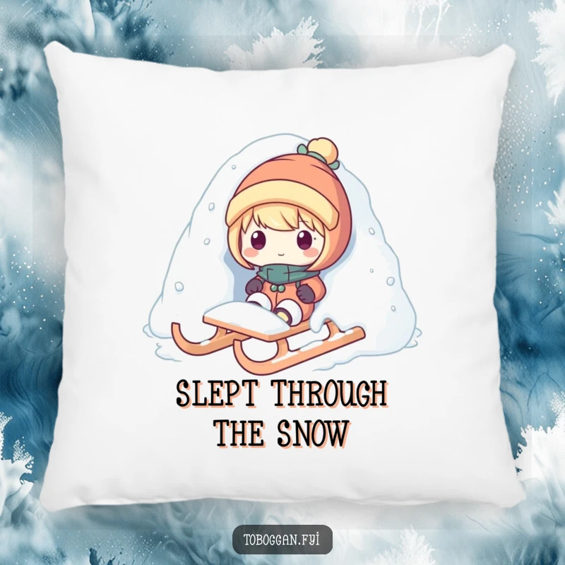 Funny snow surprise pillow with a character popping out from snow on a sled, perfect for cozying up with winter fun.