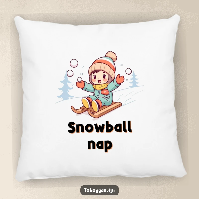 Funny character excitedly throwing snowballs while sledding downhill on a pillow.