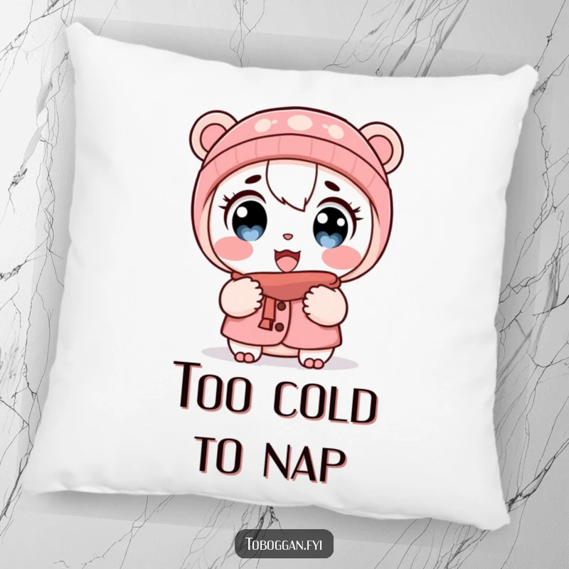 Funny pillow with a cartoon character showing wide eyes and puffed cheeks in the cold, offering cozy comfort and humor.