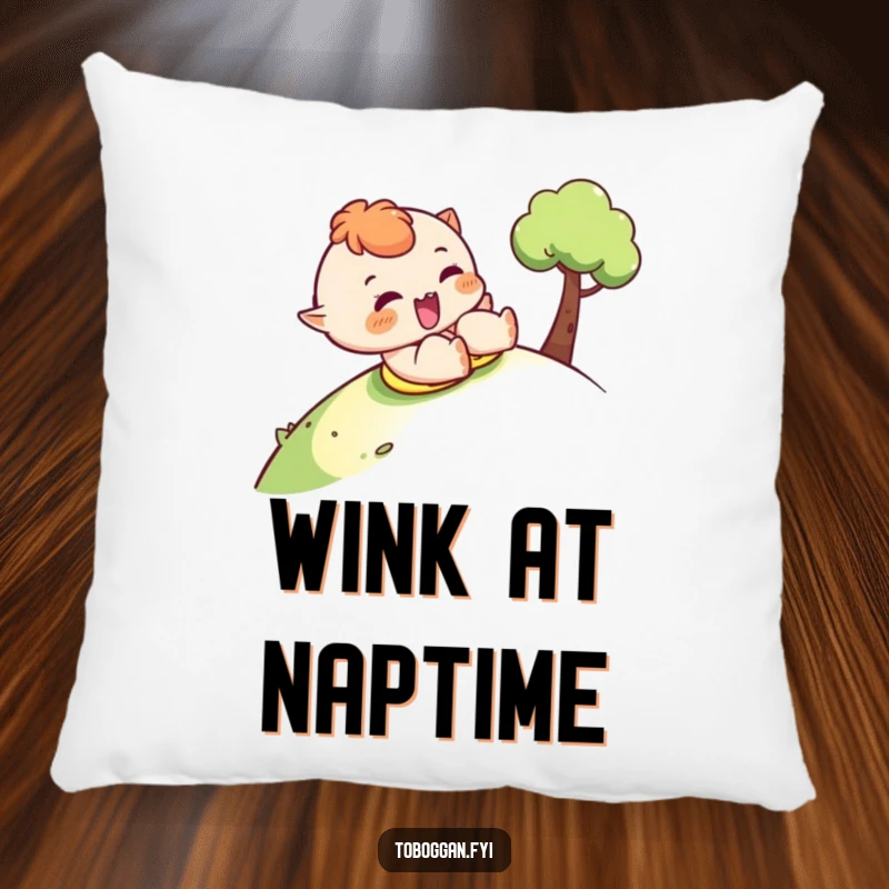 Funny sledding pillow featuring a character sliding down a hill with a cheeky wink, perfect for comfort and smiles.