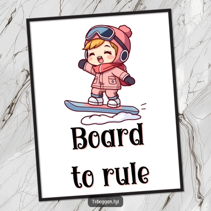 Funny snowboarder digital art print of a character in a humorous balancing act on a snowboard, ready to be printed and displayed.