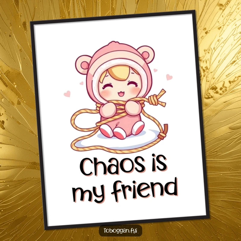 Funny digital art print shows a character comically tangled in a sled rope, conveying a humorous and relatable message of winter struggles.