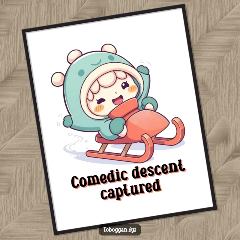 Funny falling off sled digital art print of a character with a silly expression during a comical fall.
