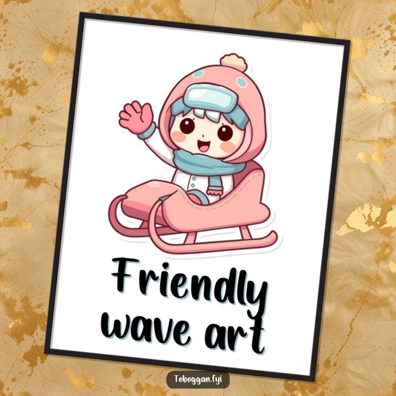 Funny sledding character digital art print of a friendly character sharing a sled and waving, offering instant winter joy and camaraderie.