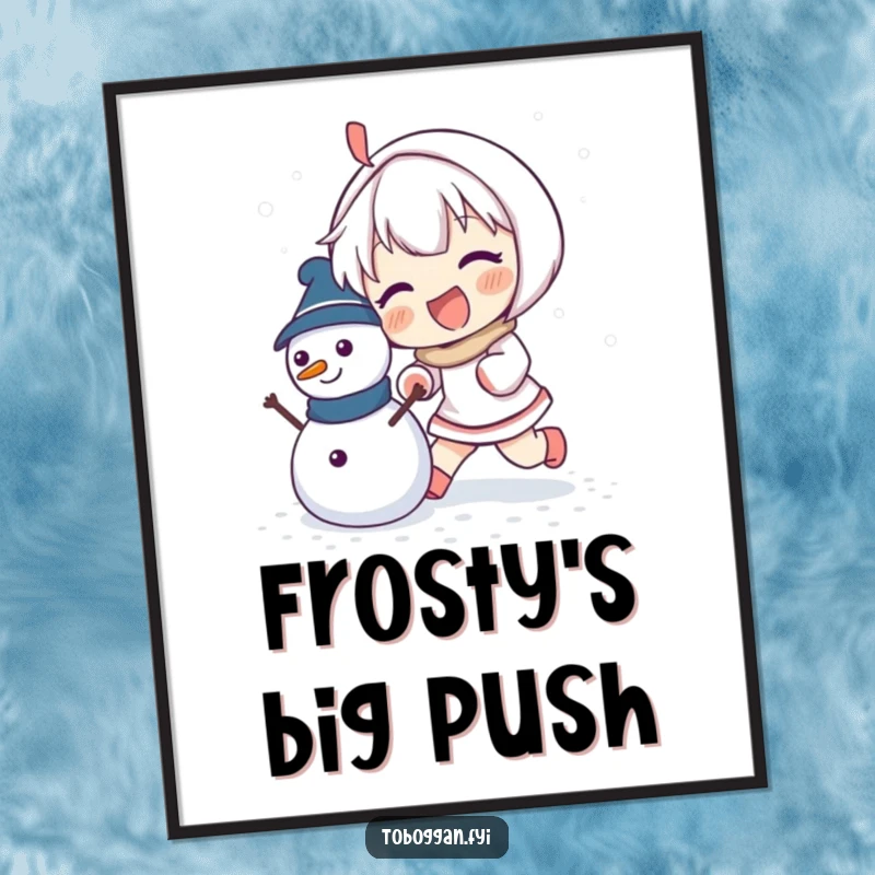 Funny digital art of an enthusiastic character pushing a small snowman, ready to print and frame.