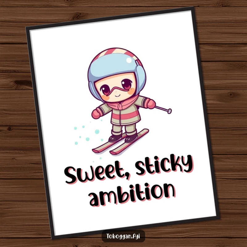 Funny candy cane digital art print of a determined character comically skiing uphill, for instant humorous motivation.