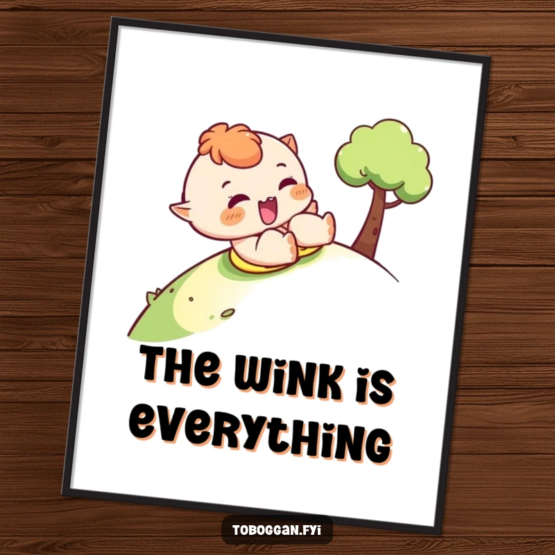 Funny sledding digital art print of a character sliding downhill with a cheeky wink, perfect for instant download.