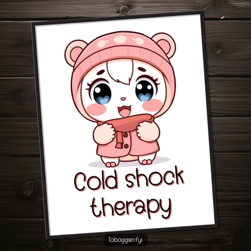 Funny digital art print of a cartoon character with wide eyes and puffed cheeks in the cold, perfect for instant winter humor.