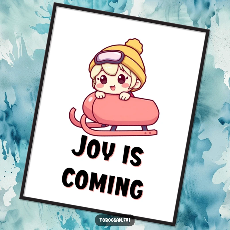 Funny digital art print shows a character peeking over a sled's edge with an excited expression, conveying a humorous and joyful message of anticipation.