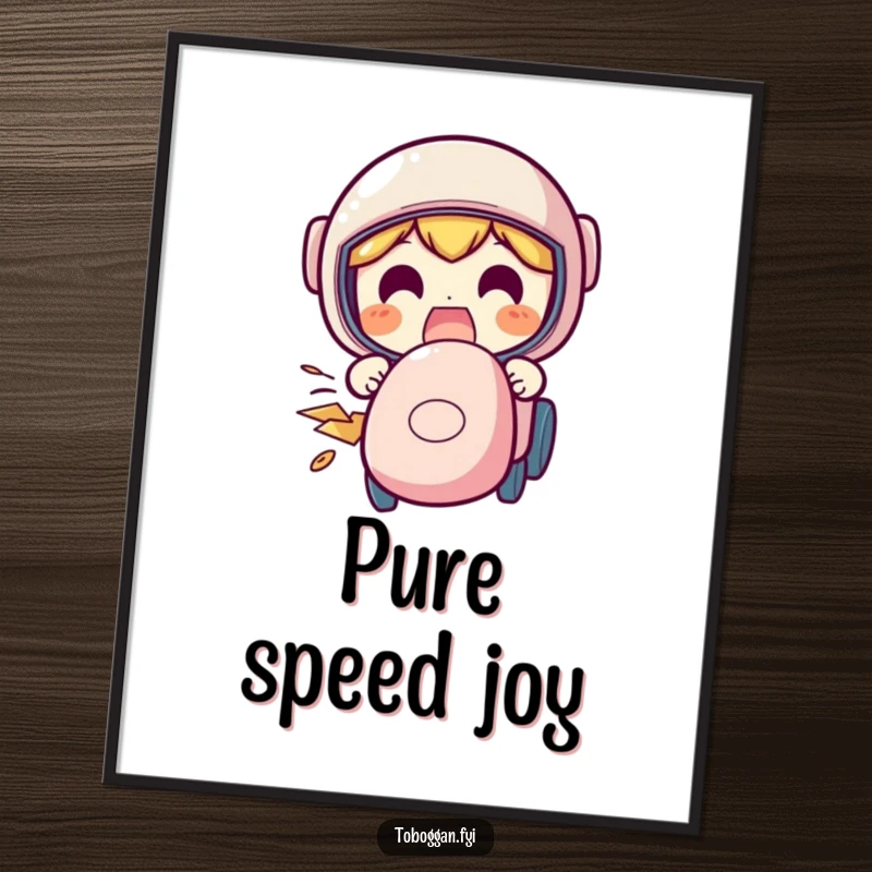 Funny speeding digital art print of a character with a funny, excited face during a high-speed descent.
