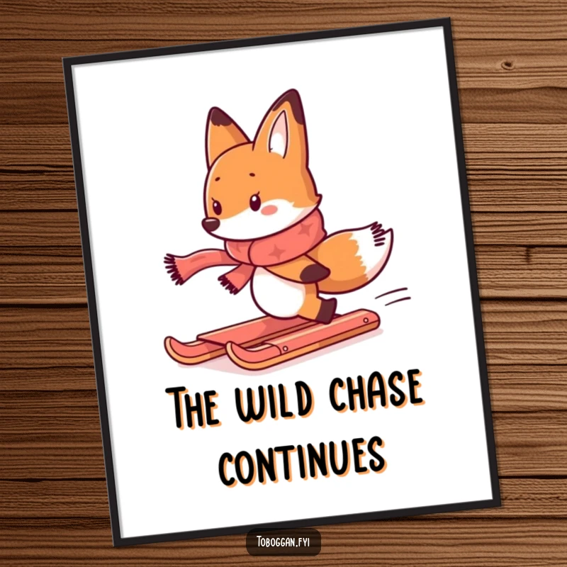 Funny digital art print of a determined fox in a scarf, comically chasing a runaway toboggan, whimsical decor.