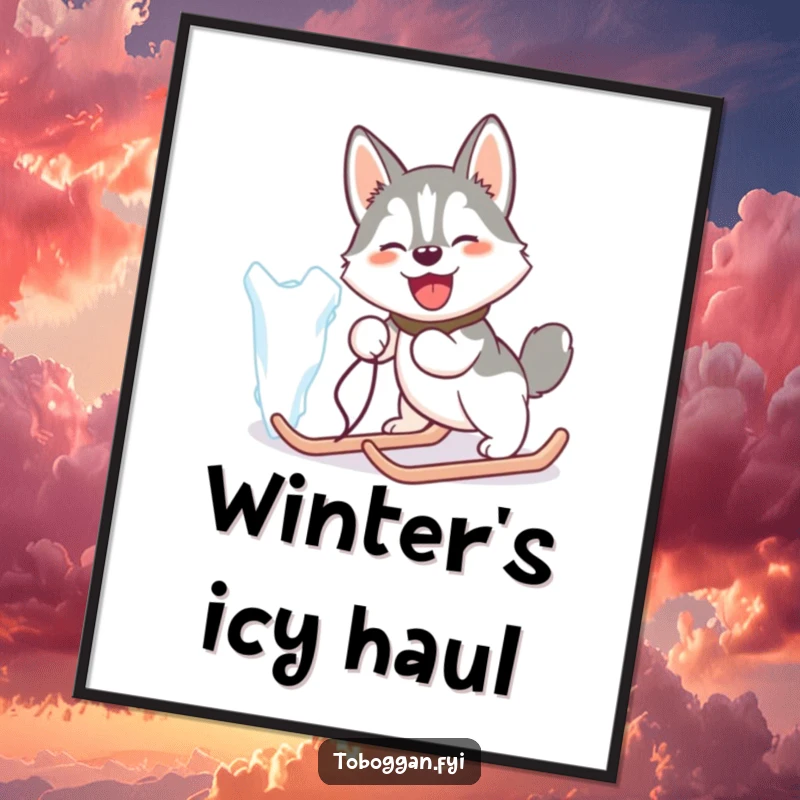 Funny digital art print of a happy husky comically pulling a giant icicle like a sled, whimsical decor.
