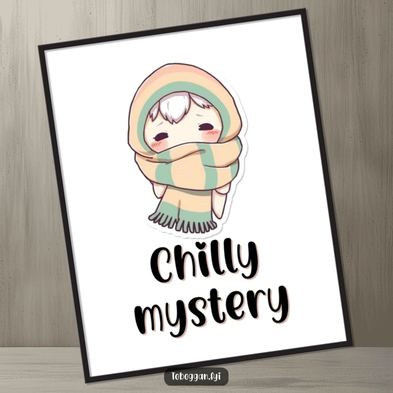 Funny digital art print of a character hilariously peeking out from a comically wrapped scarf, perfect for framing.