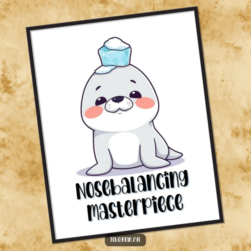 Funny Seal Digital Art Print: A mischievous seal character balances icicles on its nose, creating a humorous and charming arctic scene.