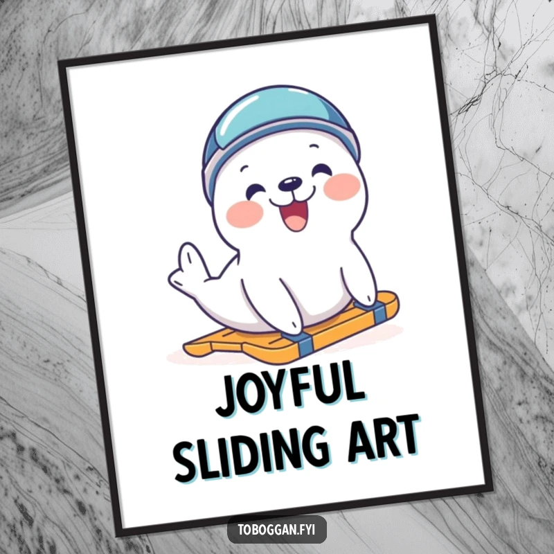 Funny delighted seal wearing a helmet, joyfully trying to slide on a digital art print, perfect for instant download and sharing playful humor.