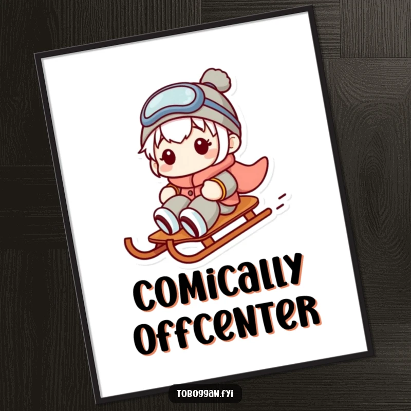 Funny digital art print of a character sliding sideways on a sled with a comical expression, bringing instant humor to walls.